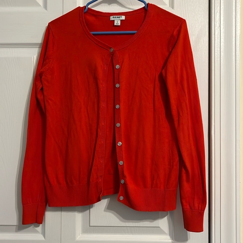 Red crew neck cardigan